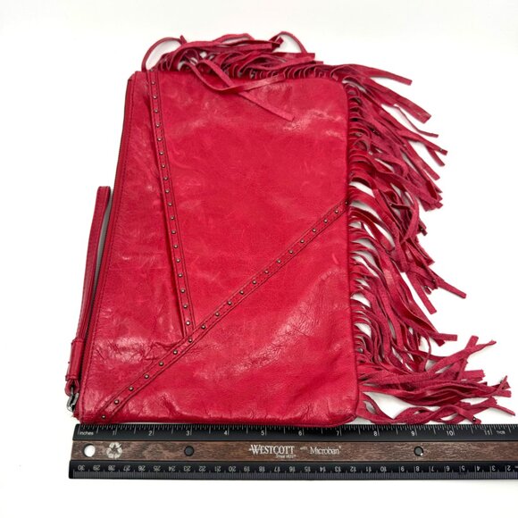 HOBO Red Leather Wristlet Clutch with Studs & Fringe Detail Excellent Condition - Picture 12 of 12